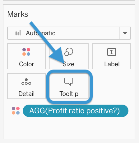 Afbeelding van de "Marks Card" in Tableau Desktop. De "Tooltip" is aangewezen met een pijl.