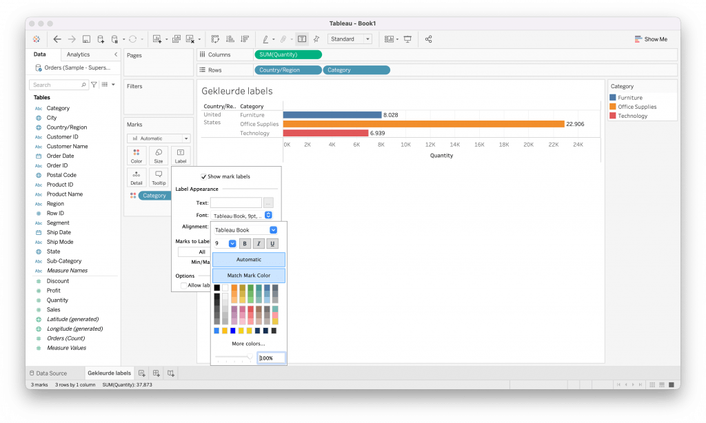 In Tableau de kleur van labels aanpassen