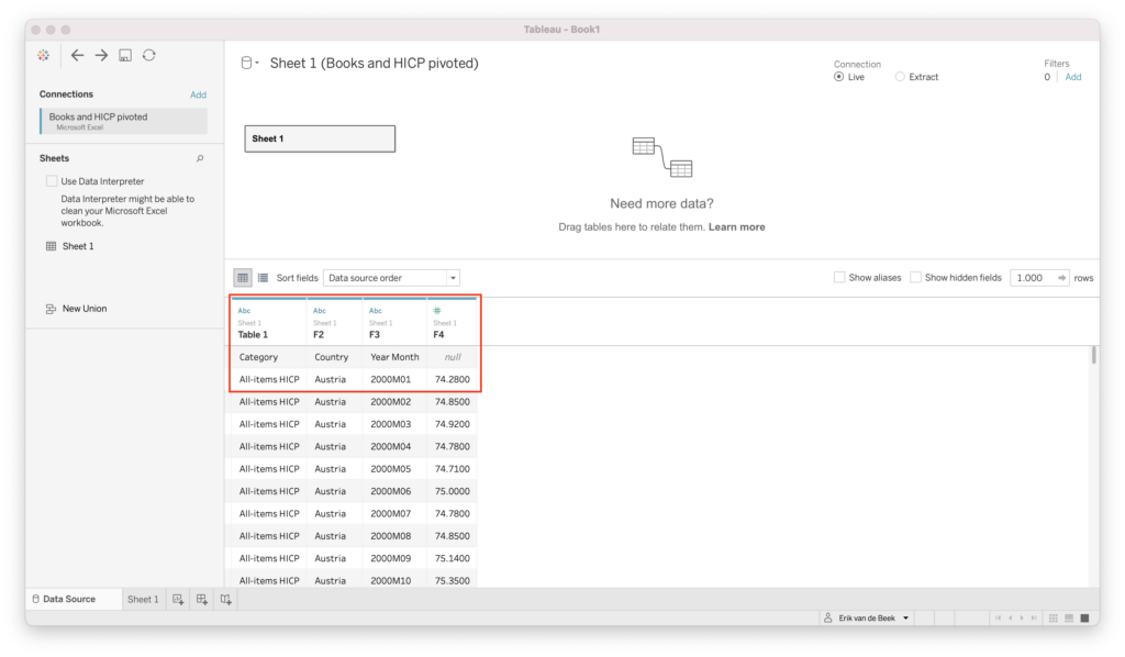 Tableau Data Source, data inladen.