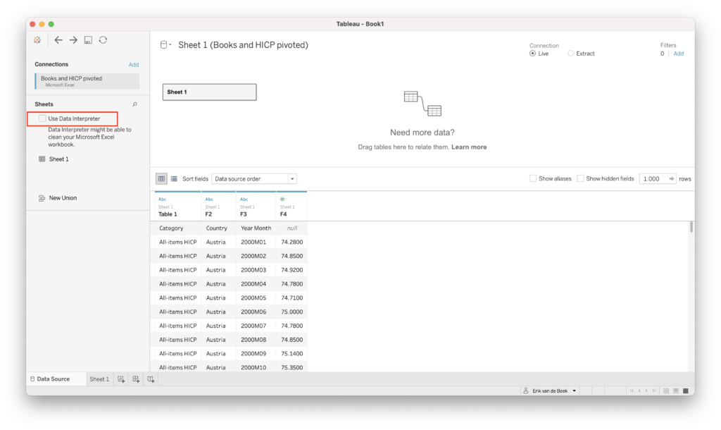 Tableau Data Source, Use Data interpreter 