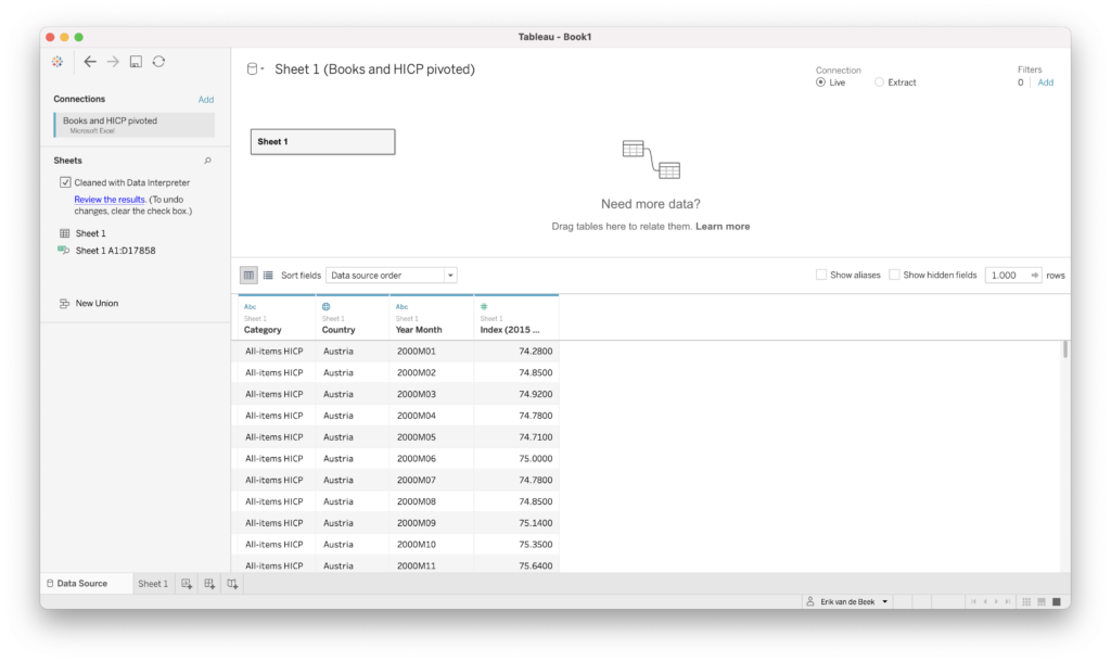 Tableau Data Source, Data Interpreter toegepast